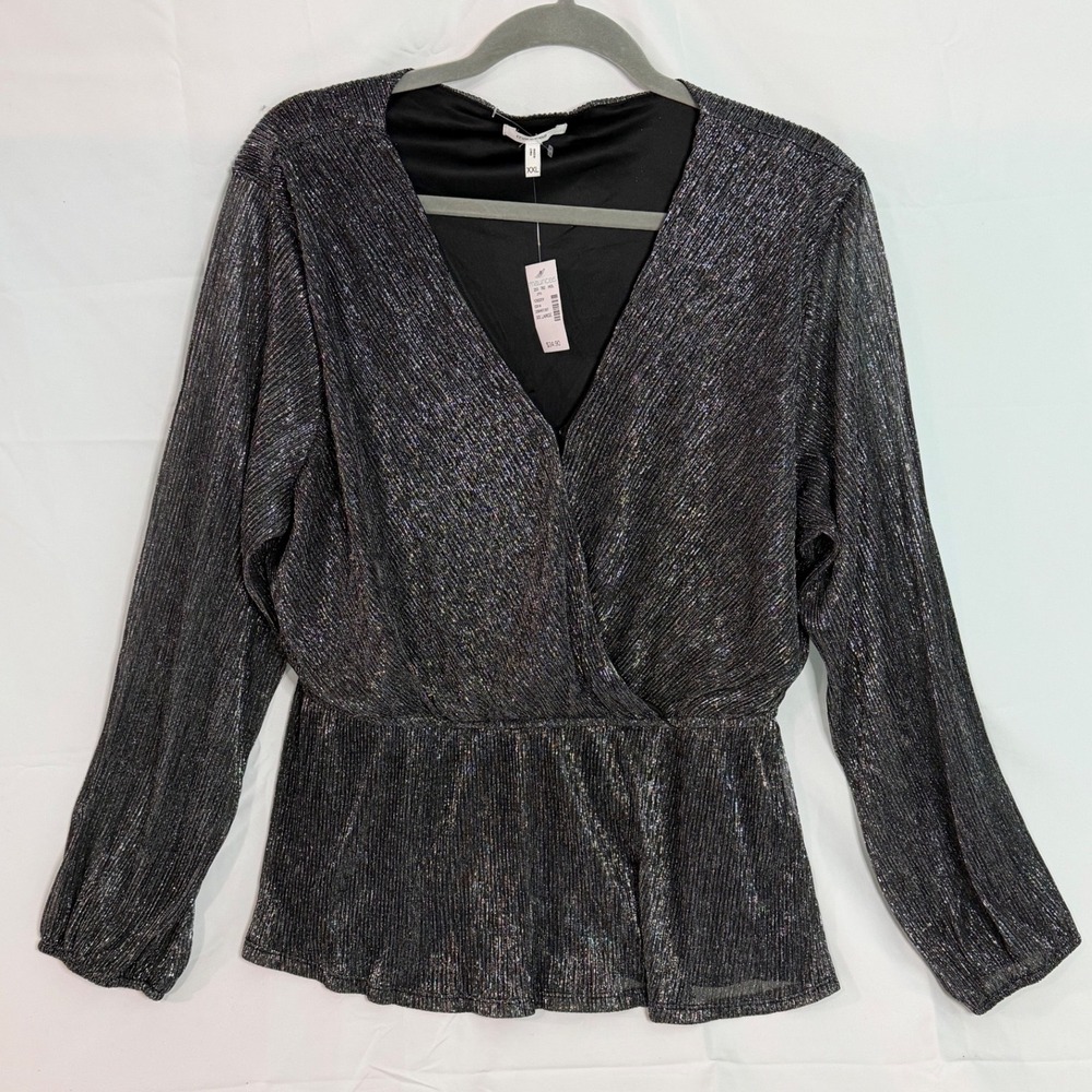 Maurices Silver Metallic Plisse Wrap Peplum Top XXL Long Sleeve‎ Holiday Sparkle - Picture 2 of 11